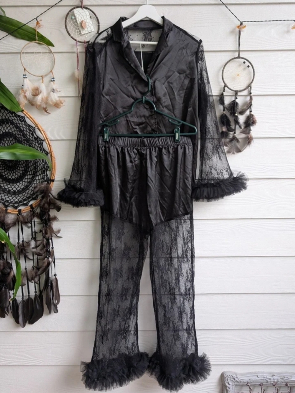 Fuzzy Trimmed Lace Satin Pajama Set Sheer Black Lace Two-Piece Sleep Set - Black